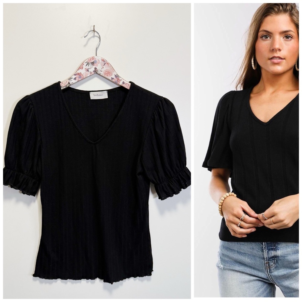BÖHME Black Ribbed Knit Puff Short Sleeve Top S Small